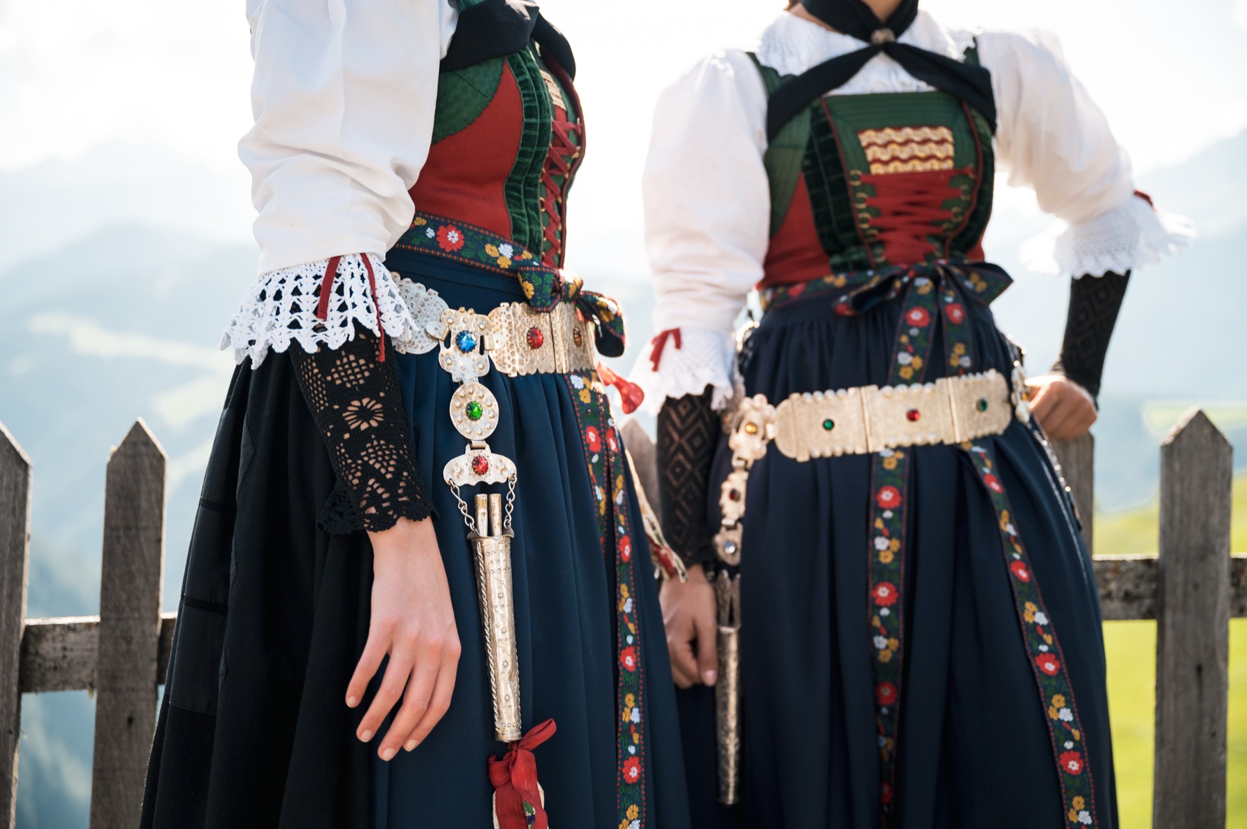 Traditional Ladin dress with silver belts, Alta Badia