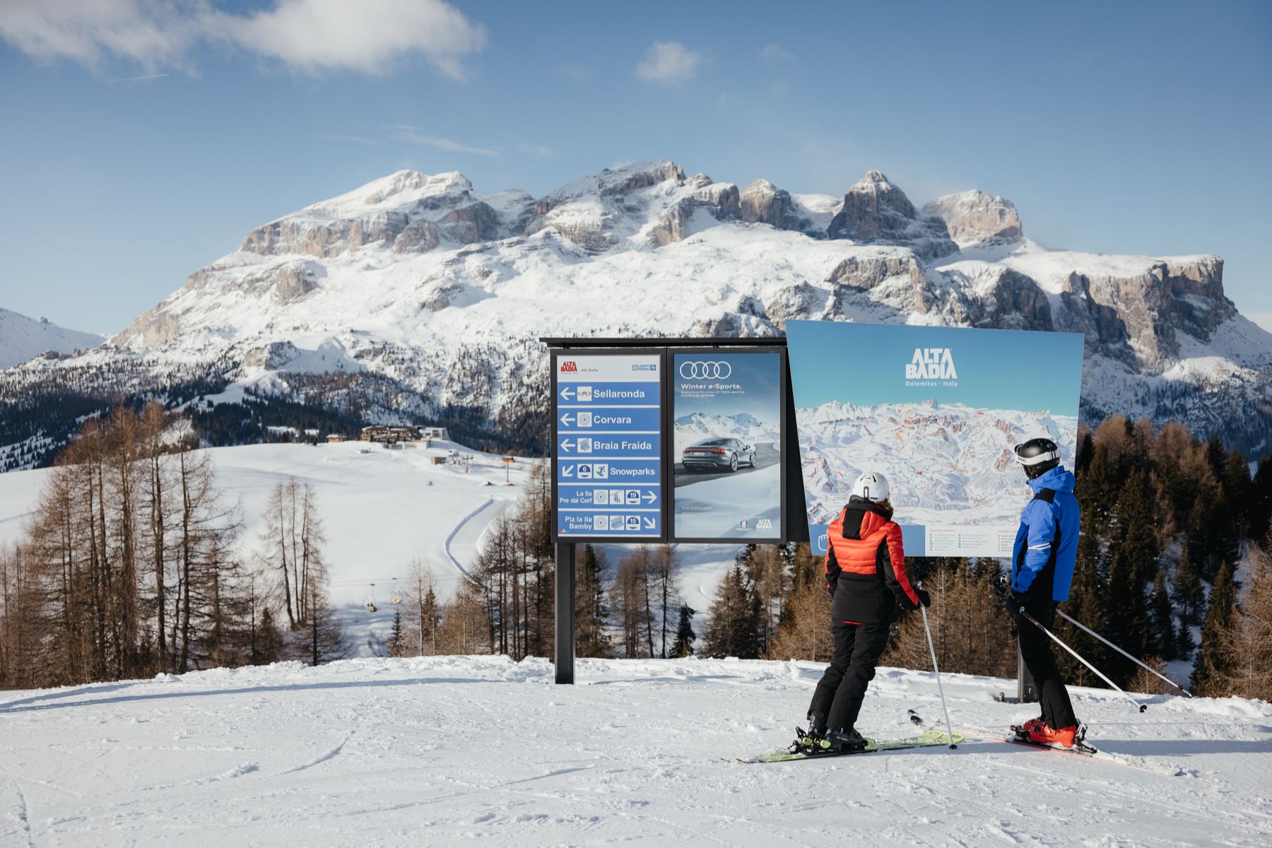 Skiers heading out from Alta Badia
