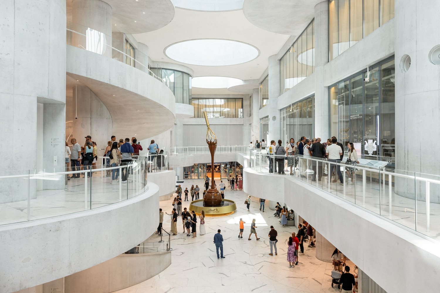The towering chocolate fountain in the atrium of Lindt Home of Chocolate